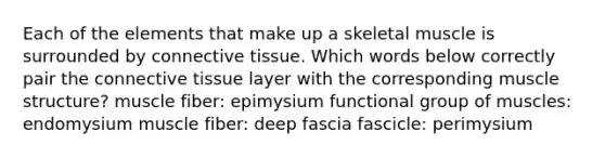 Each of the elements that make up a skeletal muscle is surrounded by connective tissue. Which words below correctly pair the connective tissue layer with the corresponding muscle structure? muscle fiber: epimysium functional group of muscles: endomysium muscle fiber: deep fascia fascicle: perimysium