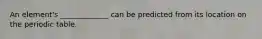 An element's _____________ can be predicted from its location on the periodic table.