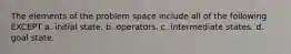 The elements of the problem space include all of the following EXCEPT a. initial state. b. operators. c. intermediate states. d. goal state.