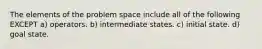 The elements of the problem space include all of the following EXCEPT a) operators. b) intermediate states. c) initial state. d) goal state.