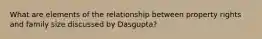 What are elements of the relationship between property rights and family size discussed by Dasgupta?