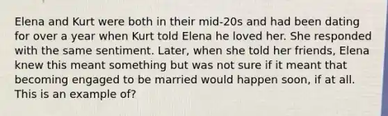 Elena and Kurt were both in their mid-20s and had been dating for over a year when Kurt told Elena he loved her. She responded with the same sentiment. Later, when she told her friends, Elena knew this meant something but was not sure if it meant that becoming engaged to be married would happen soon, if at all. This is an example of?