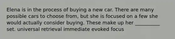 Elena is in the process of buying a new car. There are many possible cars to choose from, but she is focused on a few she would actually consider buying. These make up her __________ set. universal retrieval immediate evoked focus