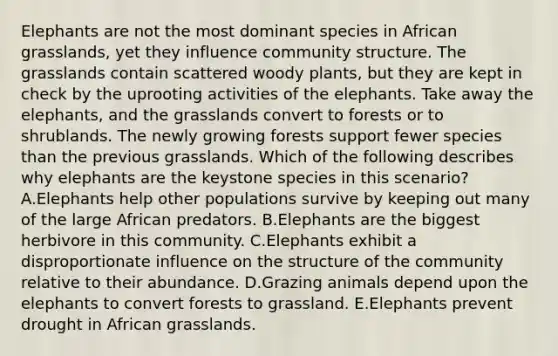 Elephants are not the most dominant species in African grasslands, yet they influence community structure. The grasslands contain scattered woody plants, but they are kept in check by the uprooting activities of the elephants. Take away the elephants, and the grasslands convert to forests or to shrublands. The newly growing forests support fewer species than the previous grasslands. Which of the following describes why elephants are the keystone species in this scenario? A.Elephants help other populations survive by keeping out many of the large African predators. B.Elephants are the biggest herbivore in this community. C.Elephants exhibit a disproportionate influence on the structure of the community relative to their abundance. D.Grazing animals depend upon the elephants to convert forests to grassland. E.Elephants prevent drought in African grasslands.