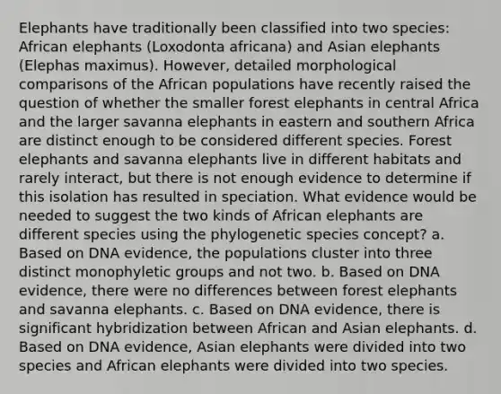 Elephants have traditionally been classified into two species: African elephants (Loxodonta africana) and Asian elephants (Elephas maximus). However, detailed morphological comparisons of the African populations have recently raised the question of whether the smaller forest elephants in central Africa and the larger savanna elephants in eastern and southern Africa are distinct enough to be considered different species. Forest elephants and savanna elephants live in different habitats and rarely interact, but there is not enough evidence to determine if this isolation has resulted in speciation. What evidence would be needed to suggest the two kinds of African elephants are different species using the phylogenetic species concept? a. Based on DNA evidence, the populations cluster into three distinct monophyletic groups and not two. b. Based on DNA evidence, there were no differences between forest elephants and savanna elephants. c. Based on DNA evidence, there is significant hybridization between African and Asian elephants. d. Based on DNA evidence, Asian elephants were divided into two species and African elephants were divided into two species.