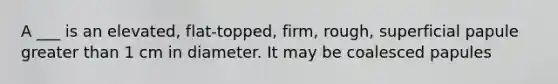 A ___ is an elevated, flat-topped, firm, rough, superficial papule greater than 1 cm in diameter. It may be coalesced papules