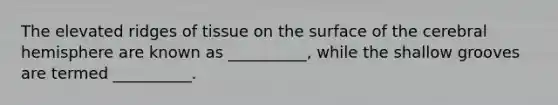 The elevated ridges of tissue on the surface of the cerebral hemisphere are known as __________, while the shallow grooves are termed __________.