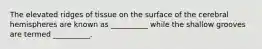 The elevated ridges of tissue on the surface of the cerebral hemispheres are known as __________ while the shallow grooves are termed __________.