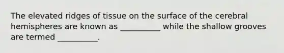The elevated ridges of tissue on the surface of the cerebral hemispheres are known as __________ while the shallow grooves are termed __________.