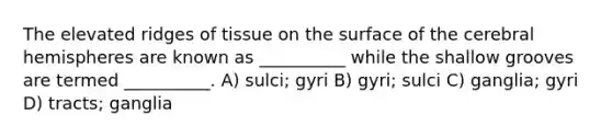 The elevated ridges of tissue on the surface of the cerebral hemispheres are known as __________ while the shallow grooves are termed __________. A) sulci; gyri B) gyri; sulci C) ganglia; gyri D) tracts; ganglia