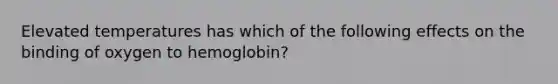 Elevated temperatures has which of the following effects on the binding of oxygen to hemoglobin?