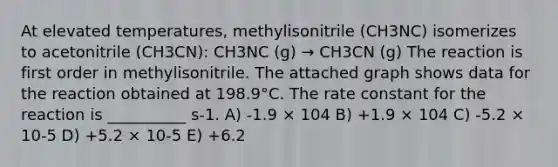 At elevated temperatures, methylisonitrile (CH3NC) isomerizes to acetonitrile (CH3CN): CH3NC (g) → CH3CN (g) The reaction is first order in methylisonitrile. The attached graph shows data for the reaction obtained at 198.9°C. The rate constant for the reaction is __________ s-1. A) -1.9 × 104 B) +1.9 × 104 C) -5.2 × 10-5 D) +5.2 × 10-5 E) +6.2