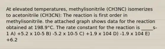 At elevated temperatures, methylisonitrile (CH3NC) isomerizes to acetonitrile (CH3CN): The reaction is first order in methylisonitrile. the attached graph shows data for the reaction obtained at 198.9°C. The rate constant for the reaction is _____s-1 A) +5.2 x 10-5 B) -5.2 x 10-5 C) +1.9 x 104 D) -1.9 x 104 E) +6.2