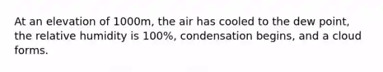 At an elevation of 1000m, the air has cooled to the dew point, the relative humidity is 100%, condensation begins, and a cloud forms.