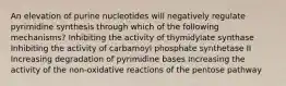 An elevation of purine nucleotides will negatively regulate pyrimidine synthesis through which of the following mechanisms? Inhibiting the activity of thymidylate synthase Inhibiting the activity of carbamoyl phosphate synthetase II Increasing degradation of pyrimidine bases Increasing the activity of the non-oxidative reactions of the pentose pathway