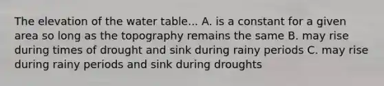 The elevation of the water table... A. is a constant for a given area so long as the topography remains the same B. may rise during times of drought and sink during rainy periods C. may rise during rainy periods and sink during droughts