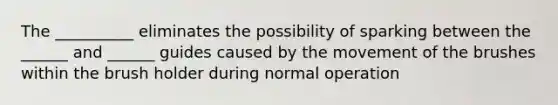 The __________ eliminates the possibility of sparking between the ______ and ______ guides caused by the movement of the brushes within the brush holder during normal operation