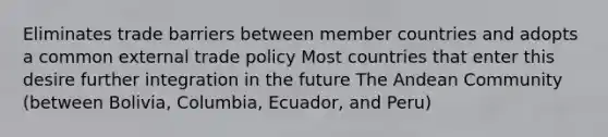 Eliminates trade barriers between member countries and adopts a common external trade policy Most countries that enter this desire further integration in the future The Andean Community (between Bolivia, Columbia, Ecuador, and Peru)