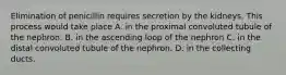 Elimination of penicillin requires secretion by the kidneys. This process would take place A. in the proximal convoluted tubule of the nephron. B. in the ascending loop of the nephron C. in the distal convoluted tubule of the nephron. D. in the collecting ducts.