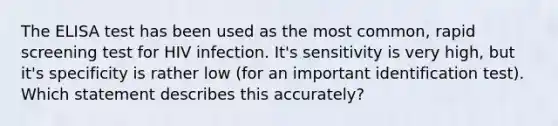 The ELISA test has been used as the most common, rapid screening test for HIV infection. It's sensitivity is very high, but it's specificity is rather low (for an important identification test). Which statement describes this accurately?