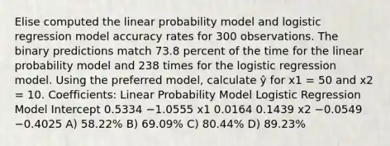 Elise computed the linear probability model and logistic regression model accuracy rates for 300 observations. The binary predictions match 73.8 percent of the time for the linear probability model and 238 times for the logistic regression model. Using the preferred model, calculate ŷ for x1 = 50 and x2 = 10. Coefficients: Linear Probability Model Logistic Regression Model Intercept 0.5334 −1.0555 x1 0.0164 0.1439 x2 −0.0549 −0.4025 A) 58.22% B) 69.09% C) 80.44% D) 89.23%