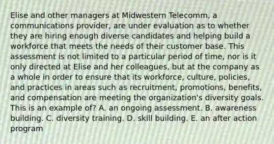 Elise and other managers at Midwestern Telecomm, a communications provider, are under evaluation as to whether they are hiring enough diverse candidates and helping build a workforce that meets the needs of their customer base. This assessment is not limited to a particular period of time, nor is it only directed at Elise and her colleagues, but at the company as a whole in order to ensure that its workforce, culture, policies, and practices in areas such as recruitment, promotions, benefits, and compensation are meeting the organization's diversity goals. This is an example of? A. an ongoing assessment. B. awareness building. C. diversity training. D. skill building. E. an after action program