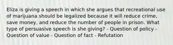 Eliza is giving a speech in which she argues that recreational use of marijuana should be legalized because it will reduce crime, save money, and reduce the number of people in prison. What type of persuasive speech is she giving? - Question of policy - Question of value - Question of fact - Refutation