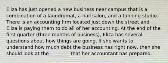 Eliza has just opened a new business near campus that is a combination of a laundromat, a nail salon, and a tanning studio. There is an accounting firm located just down the street and Eliza is paying them to do all of her accounting. At the end of the first quarter (three months of business), Eliza has several questions about how things are going. If she wants to understand how much debt the business has right now, then she should look at the ________ that her accountant has prepared.