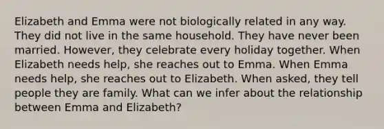 Elizabeth and Emma were not biologically related in any way. They did not live in the same household. They have never been married. However, they celebrate every holiday together. When Elizabeth needs help, she reaches out to Emma. When Emma needs help, she reaches out to Elizabeth. When asked, they tell people they are family. What can we infer about the relationship between Emma and Elizabeth?