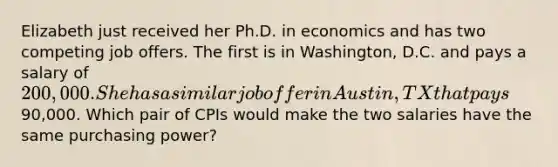 Elizabeth just received her Ph.D. in economics and has two competing job offers. The first is in Washington, D.C. and pays a salary of 200,000. She has a similar job offer in Austin, TX that pays90,000. Which pair of CPIs would make the two salaries have the same purchasing power?