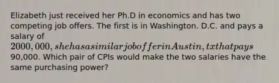 Elizabeth just received her Ph.D in economics and has two competing job offers. The first is in Washington. D.C. and pays a salary of 2000,000, she has a similar job offer in Austin, tx that pays90,000. Which pair of CPIs would make the two salaries have the same purchasing power?