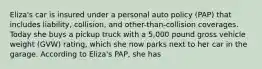 Eliza's car is insured under a personal auto policy (PAP) that includes liability, collision, and other-than-collision coverages. Today she buys a pickup truck with a 5,000 pound gross vehicle weight (GVW) rating, which she now parks next to her car in the garage. According to Eliza's PAP, she has