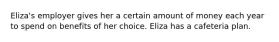 Eliza's employer gives her a certain amount of money each year to spend on benefits of her choice. Eliza has a cafeteria plan.