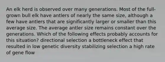 An elk herd is observed over many generations. Most of the full-grown bull elk have antlers of nearly the same size, although a few have antlers that are significantly larger or smaller than this average size. The average antler size remains constant over the generations. Which of the following effects probably accounts for this situation? directional selection a bottleneck effect that resulted in low genetic diversity stabilizing selection a high rate of gene flow