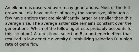 An elk herd is observed over many generations. Most of the full-grown bull elk have antlers of nearly the same size, although a few have antlers that are significantly larger or smaller than this average size. The average antler size remains constant over the generations. Which of the following effects probably accounts for this situation? A. directional selection B. a bottleneck effect that resulted in low genetic diversity C. stabilizing selection D. A high rate of gene flow