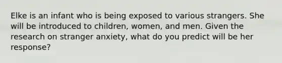 Elke is an infant who is being exposed to various strangers. She will be introduced to children, women, and men. Given the research on stranger anxiety, what do you predict will be her response?