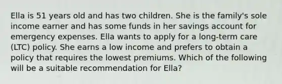 Ella is 51 years old and has two children. She is the family's sole income earner and has some funds in her savings account for emergency expenses. Ella wants to apply for a long-term care (LTC) policy. She earns a low income and prefers to obtain a policy that requires the lowest premiums. Which of the following will be a suitable recommendation for Ella?