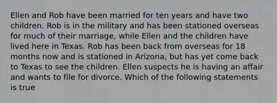 Ellen and Rob have been married for ten years and have two children. Rob is in the military and has been stationed overseas for much of their marriage, while Ellen and the children have lived here in Texas. Rob has been back from overseas for 18 months now and is stationed in Arizona, but has yet come back to Texas to see the children. Ellen suspects he is having an affair and wants to file for divorce. Which of the following statements is true