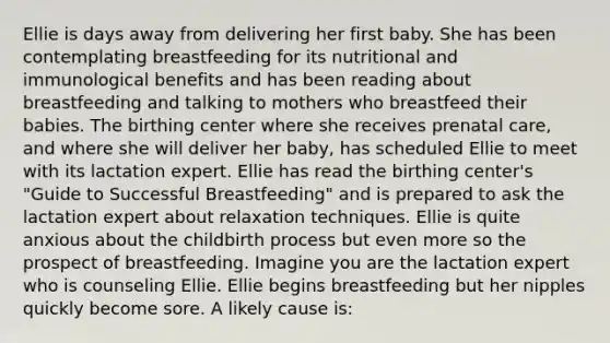 Ellie is days away from delivering her first baby. She has been contemplating breastfeeding for its nutritional and immunological benefits and has been reading about breastfeeding and talking to mothers who breastfeed their babies. The birthing center where she receives prenatal care, and where she will deliver her baby, has scheduled Ellie to meet with its lactation expert. Ellie has read the birthing center's "Guide to Successful Breastfeeding" and is prepared to ask the lactation expert about relaxation techniques. Ellie is quite anxious about the childbirth process but even more so the prospect of breastfeeding. Imagine you are the lactation expert who is counseling Ellie. Ellie begins breastfeeding but her nipples quickly become sore. A likely cause is: