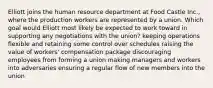 Elliott joins the human resource department at Food Castle Inc., where the production workers are represented by a union. Which goal would Elliott most likely be expected to work toward in supporting any negotiations with the union? keeping operations flexible and retaining some control over schedules raising the value of workers' compensation package discouraging employees from forming a union making managers and workers into adversaries ensuring a regular flow of new members into the union