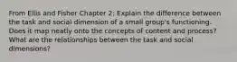 From Ellis and Fisher Chapter 2: Explain the difference between the task and social dimension of a small group's functioning. Does it map neatly onto the concepts of content and process? What are the relationships between the task and social dimensions?