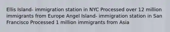 Ellis Island- immigration station in NYC Processed over 12 million immigrants from Europe Angel Island- immigration station in San Francisco Processed 1 million immigrants from Asia