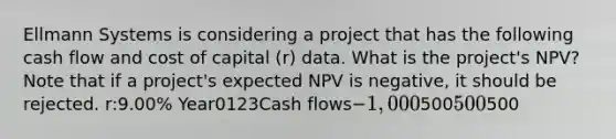 Ellmann Systems is considering a project that has the following cash flow and cost of capital (r) data. What is the project's NPV? Note that if a project's expected NPV is negative, it should be rejected. r:9.00% Year0123Cash flows−1,000500500500