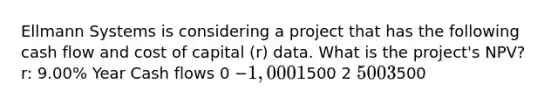 Ellmann Systems is considering a project that has the following cash flow and cost of capital (r) data. What is the project's NPV? r: 9.00% Year Cash flows 0 −1,000 1500 2 500 3500