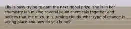 Elly is busy trying to earn the next Nobel prize. she is in her chemistry lab mixing several liquid chemicals together and notices that the mixture is turning cloudy. what type of change is taking place and how do you know?