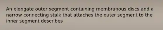 An elongate outer segment containing membranous discs and a narrow connecting stalk that attaches the outer segment to the inner segment describes