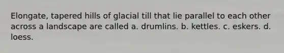 Elongate, tapered hills of glacial till that lie parallel to each other across a landscape are called a. drumlins. b. kettles. c. eskers. d. loess.