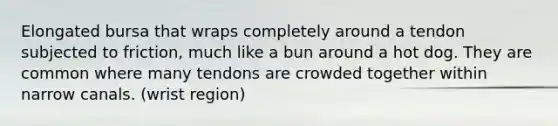Elongated bursa that wraps completely around a tendon subjected to friction, much like a bun around a hot dog. They are common where many tendons are crowded together within narrow canals. (wrist region)