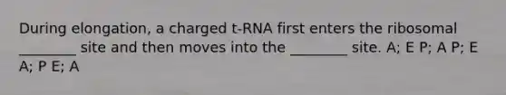 During elongation, a charged t-RNA first enters the ribosomal ________ site and then moves into the ________ site. A; E P; A P; E A; P E; A