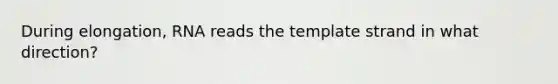 During elongation, RNA reads the template strand in what direction?